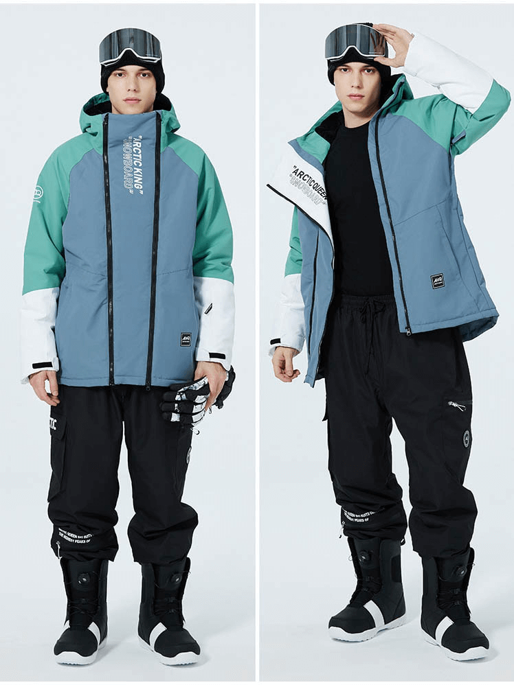 Unisex warm waterproof snowboarding jacket with hood and double zipper, ideal for skiing in any weather.